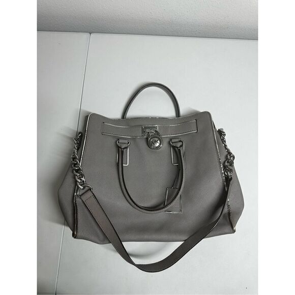MICHAEL KORS HAMILTON LARGE PEARL GRAY LEATHER SILVER LOCK NS TOTE BAG SEE NOTES - Picture 15 of 15